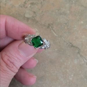 Emerald diamond princess cut silver ring plated